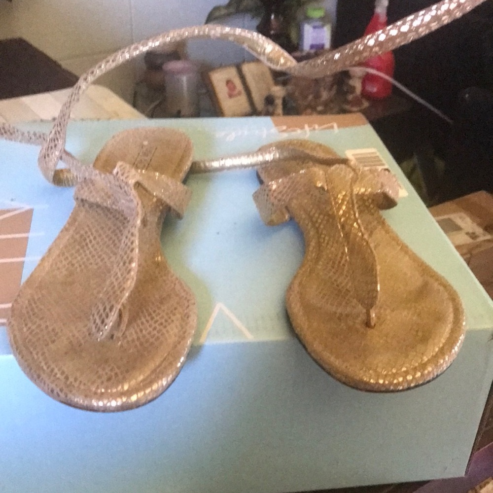 Gold flats that wrap around the ankle..VIA ACCENT brand..some flaking but OGC..